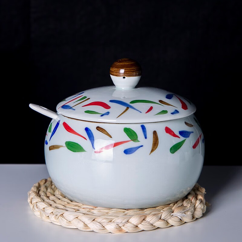 和风四季釉下彩调味罐盐罐厨房调料罐调料盒陶瓷辣椒罐猪油罐炖盅油辣子罐 四色大号调味罐(配勺) 550ml