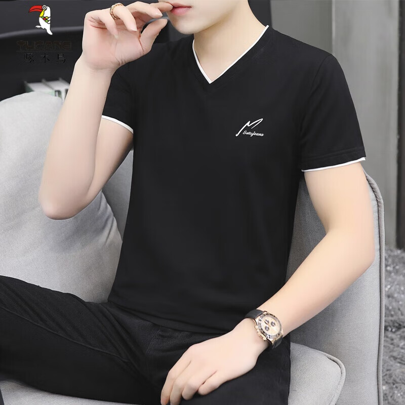 啄木鸟(tucano)夏季棉质v字领短袖男t恤鸡心领潮牌休闲半截袖简约纯色