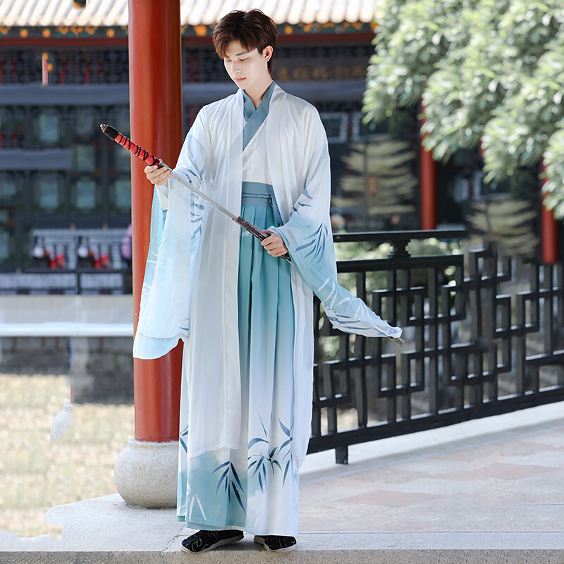 绘自然 汉服男中国风古风武侠剑客男士大码书学生班服套装夏季古装衣服 竹轩(上衣+裙子+大袖衫) 3XL属于什么档次？