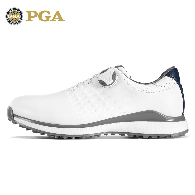 PGA 新款 高尔夫球鞋 男士防水鞋子 防侧滑鞋钉 旋钮鞋带 爆米花中底柔软舒适 PGA 301012-白灰 41