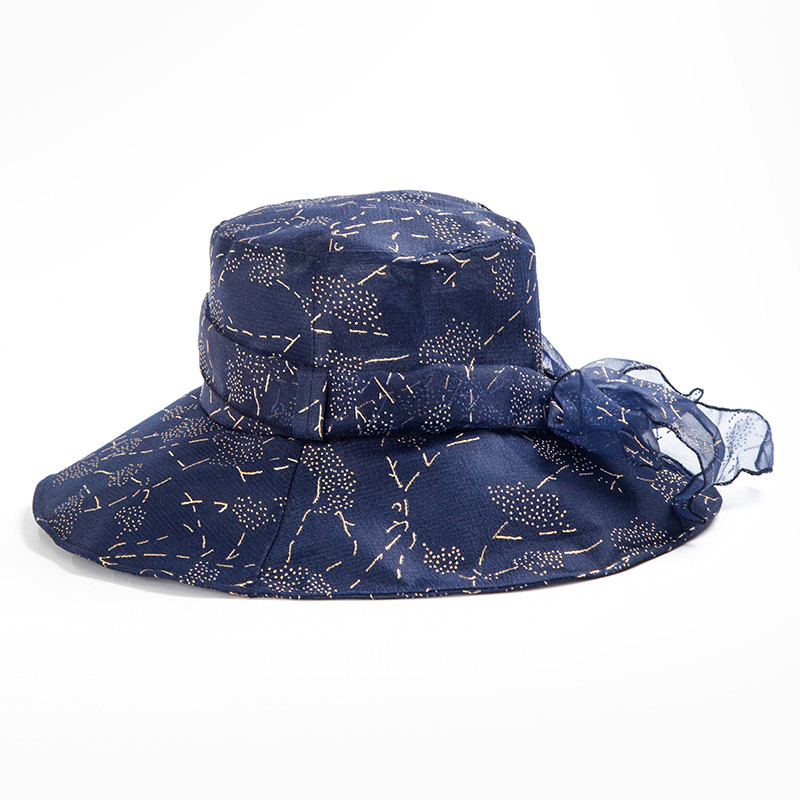 达芬奇密码 时尚欧根纱太阳帽女夏季遮脸防晒帽子适合圆脸薄遮阳帽 藏蓝 蝴蝶结 均码57cm