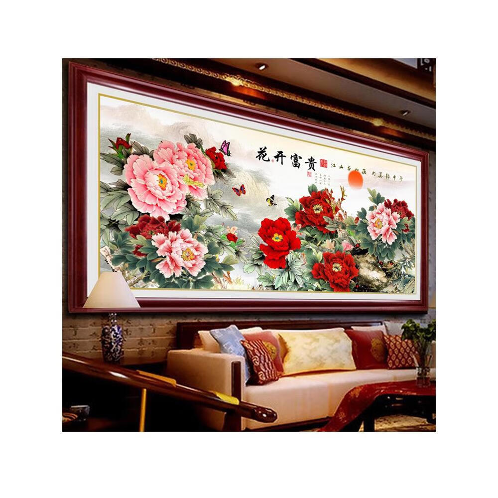 已绣好的纯十字绣钻石画成品花开富贵 钻石画成品150*70c侎满钻不带框