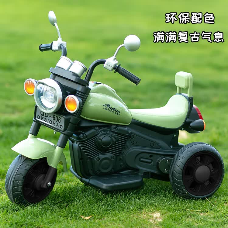 福洛伦儿童电动摩托车三轮车宝宝可坐充电玩具车小孩1-3岁电瓶电动摩托 浅绿低配三轮+单驱单电 音乐+灯光 电力驱动