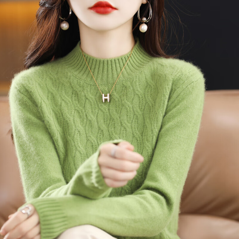 香影纯秋冬新款套头毛衣半高领纽花羊毛衫女保暖纯羊毛针织百搭显瘦上衣 祖母绿 4XL (建议150-165斤)