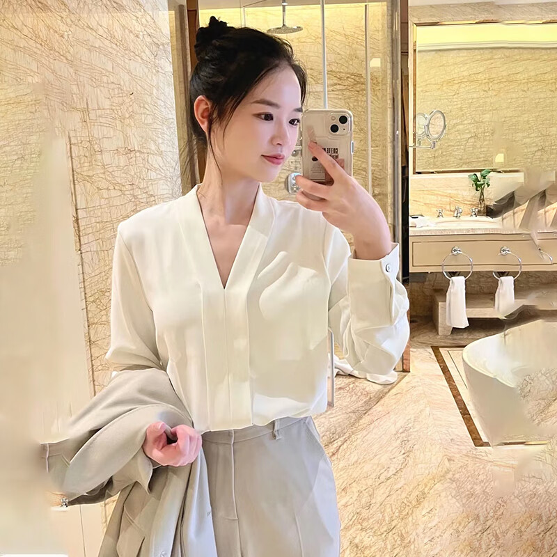乌拓面试衬衫女活泼雪纺长袖春秋白色v领职业衬衣感内搭上衣通勤 白色