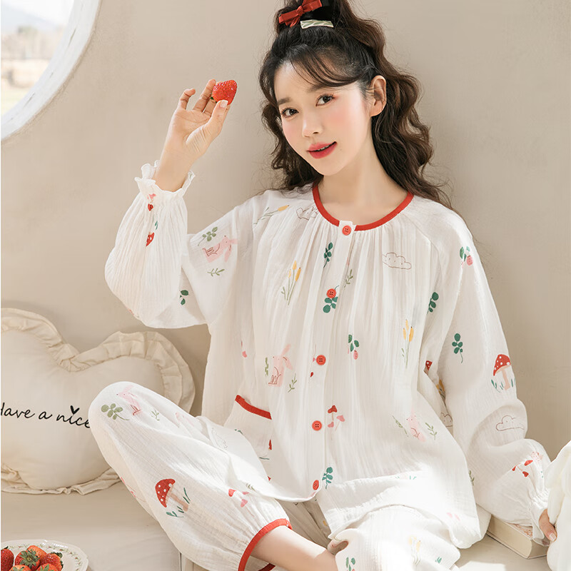 家の時(shí)光月子服夏季薄款產(chǎn)后孕婦睡衣哺乳衣純棉紗布透氣可調(diào)節(jié)待產(chǎn)家居服 蘑菇小兔 L【建議125-145斤左右穿著】