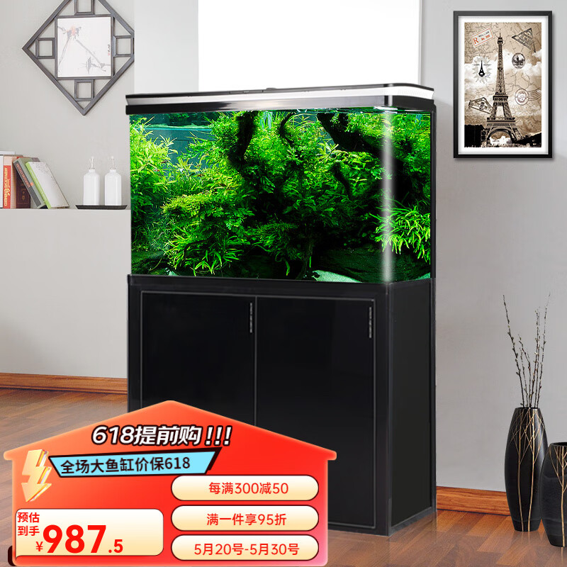 鱼缸水族箱金鱼缸玻璃鱼缸大型生态客厅鱼缸 hrg-800黑色 底柜 上过滤