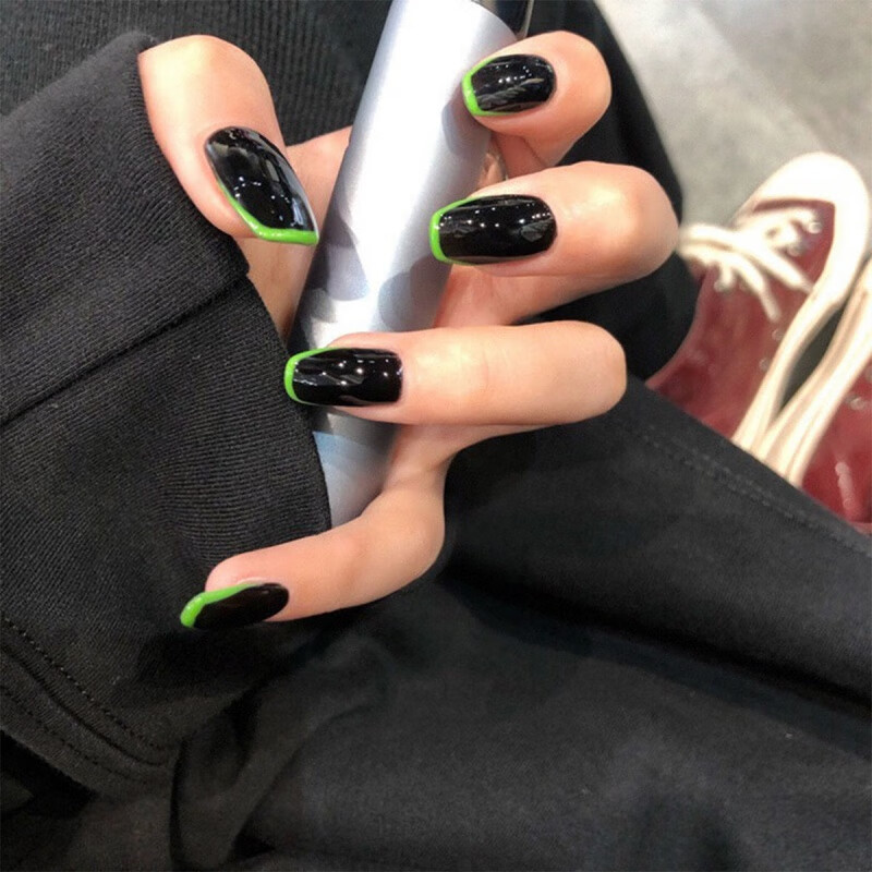美甲成品可拆卸假指甲美甲贴片指甲贴片防水古莎 1011-简约法式黑绿