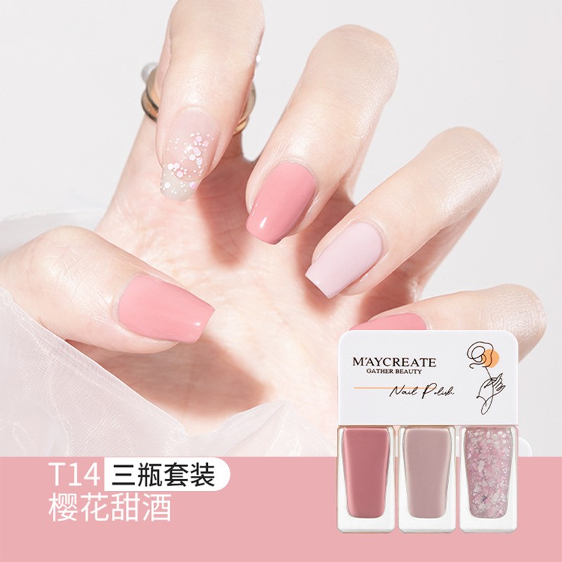 指甲油套装美甲套装组合装健美创研水性三色可撕拉2022新款网红款流行色护甲亮油红色免烤初学者家用 T14樱花甜酒