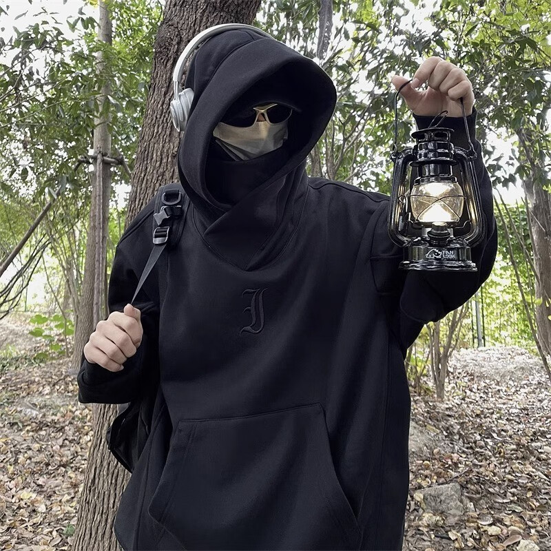 迪伽达i人社恐连帽卫衣男时尚新款潮牌时尚复古港风情侣澜同款痞帅外套 CNPW-M103黑色 加绒 XL 【120-135】