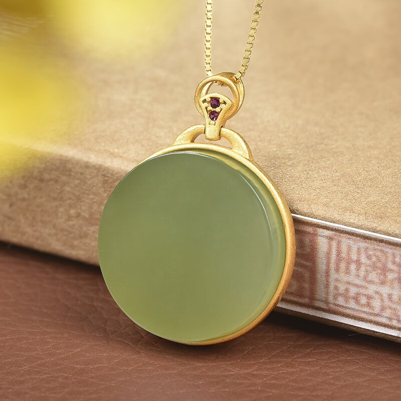 珠玥珠宝 s925银镶和田玉无事牌吊坠圆牌玉石坠自戴送礼