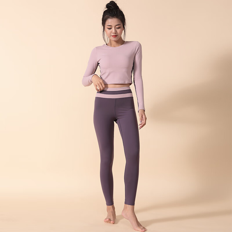 必在IuℕIu 新品  运动瑜伽服秋冬款撞色修身弹力带胸垫时尚跑步健身套装长袖 紫 S