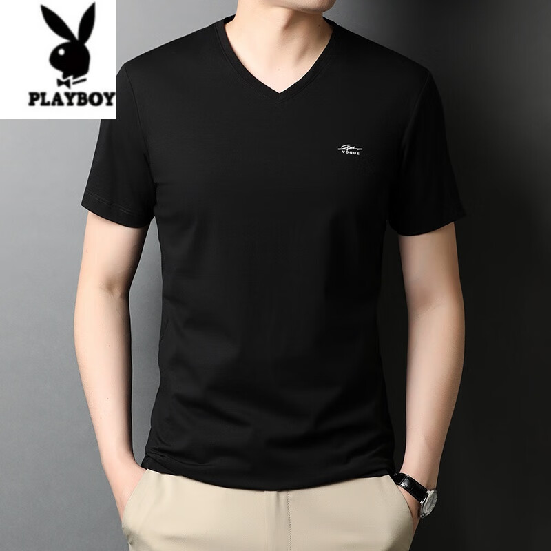 花花公子夏季高档男士t恤打底衫短袖v领莫代尔棉半袖纯棉冰丝潮流纯色