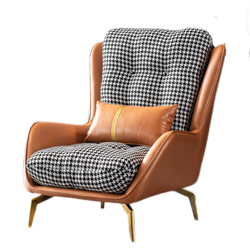 牧席 轻奢单人沙发客厅小户型意式沙发布艺现代简约休闲公寓北欧布艺老虎椅懒人沙发 4号-橙色【超纤皮】+复古格子【亚麻】