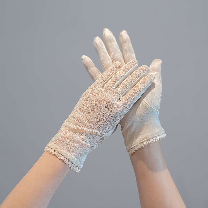 超薄天然桑蚕丝真丝手套女士开车防晒夏季蕾丝薄透气保湿触屏骑车