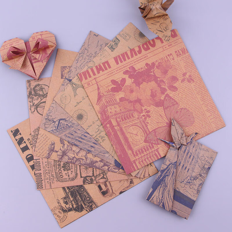 kercan正方形复古海报手工折纸报纸风千纸鹤叠纸材料儿童学生美术彩纸