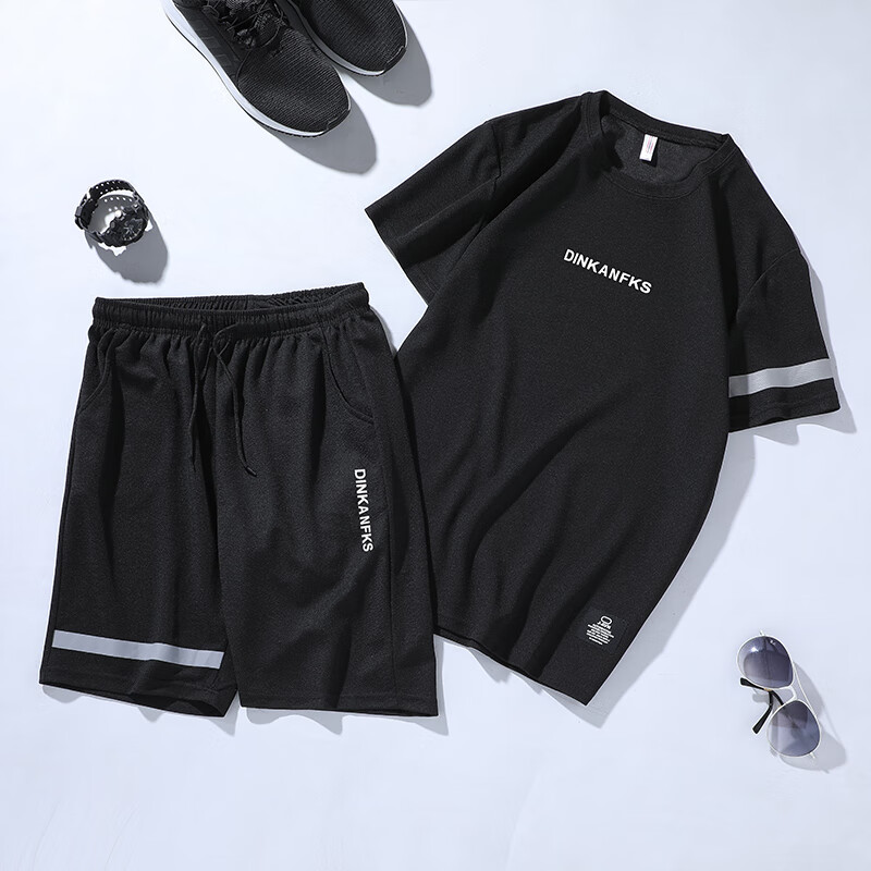 沃洛德运动套装男夏季新款跑步健身服两件套训练足球服速干篮球运动服 黑色 XL