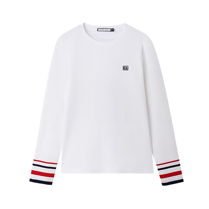 ELLE ACTIVE 纯棉柔软舒适长袖T恤女装春夏气质袖口撞色百搭休闲圆领打底衫女 白色【建议拍大一码】 L