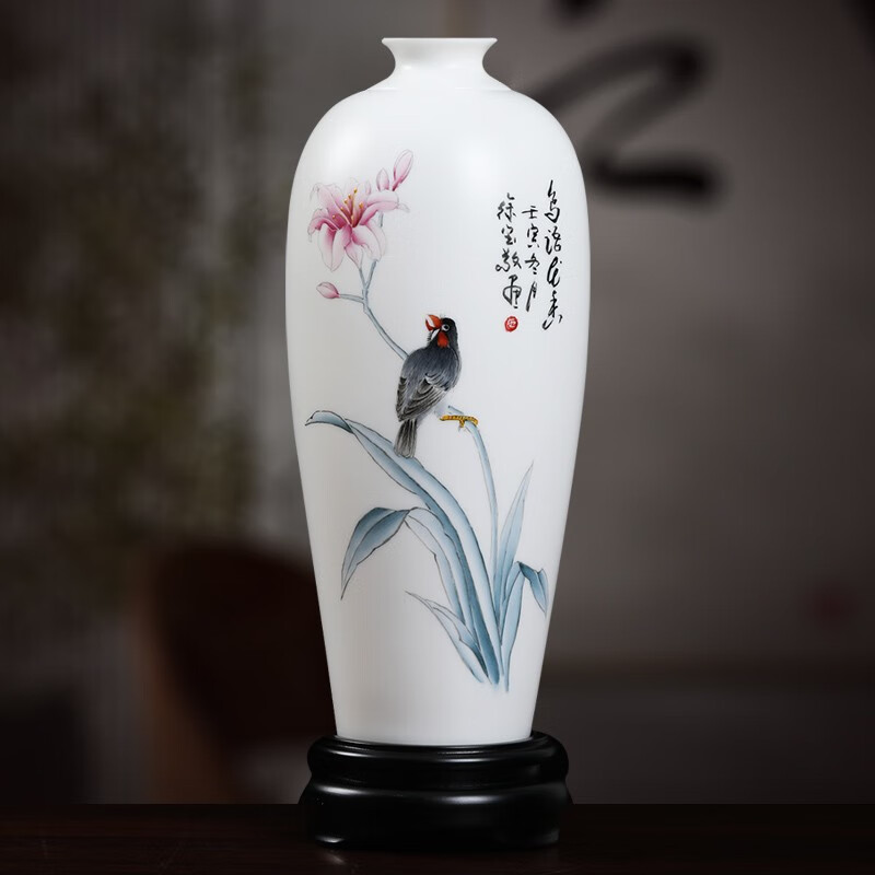 客厅装饰摆件名家大师徐宝敬手绘中国白收藏作品花瓶-鸟语花香