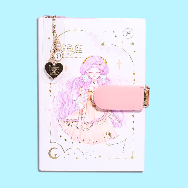 星座密码本带锁日记本小学生密码锁笔记本女孩手账本可爱儿童 双鱼座