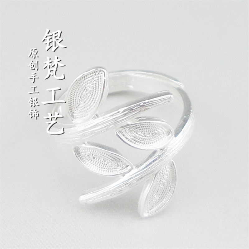 曲美思手工拉丝银饰足银999雪花银掐丝戒指叶子指环女友礼物 开口戒指