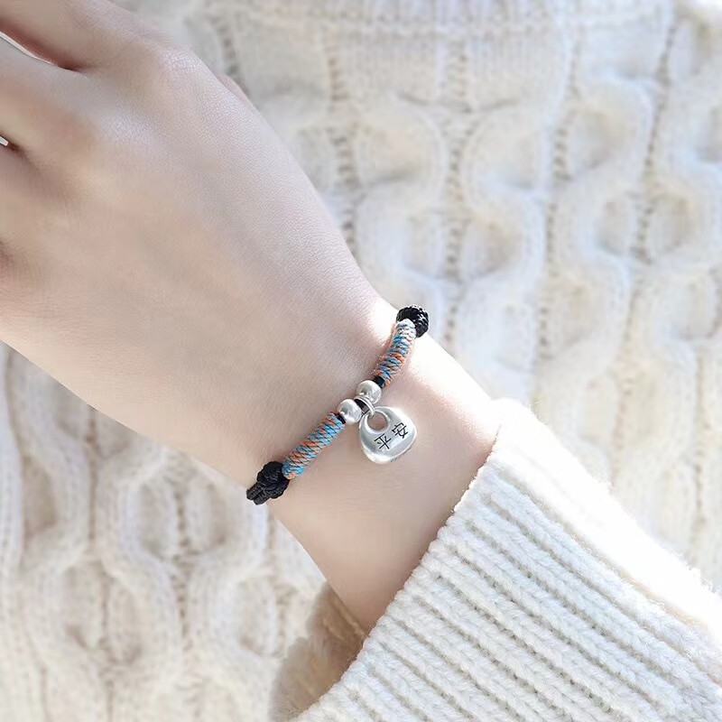 银坨坨实心足银999平安小胖福袋红绳本命年手绳银手链送女友礼物 实心银坨手绳-酒红色