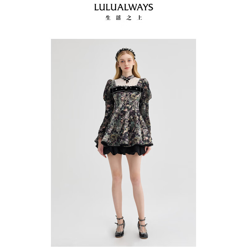 LULUALWAYS【商场同款】25冬季新款法式优雅复古羊腿袖短款连衣裙 黑色  M