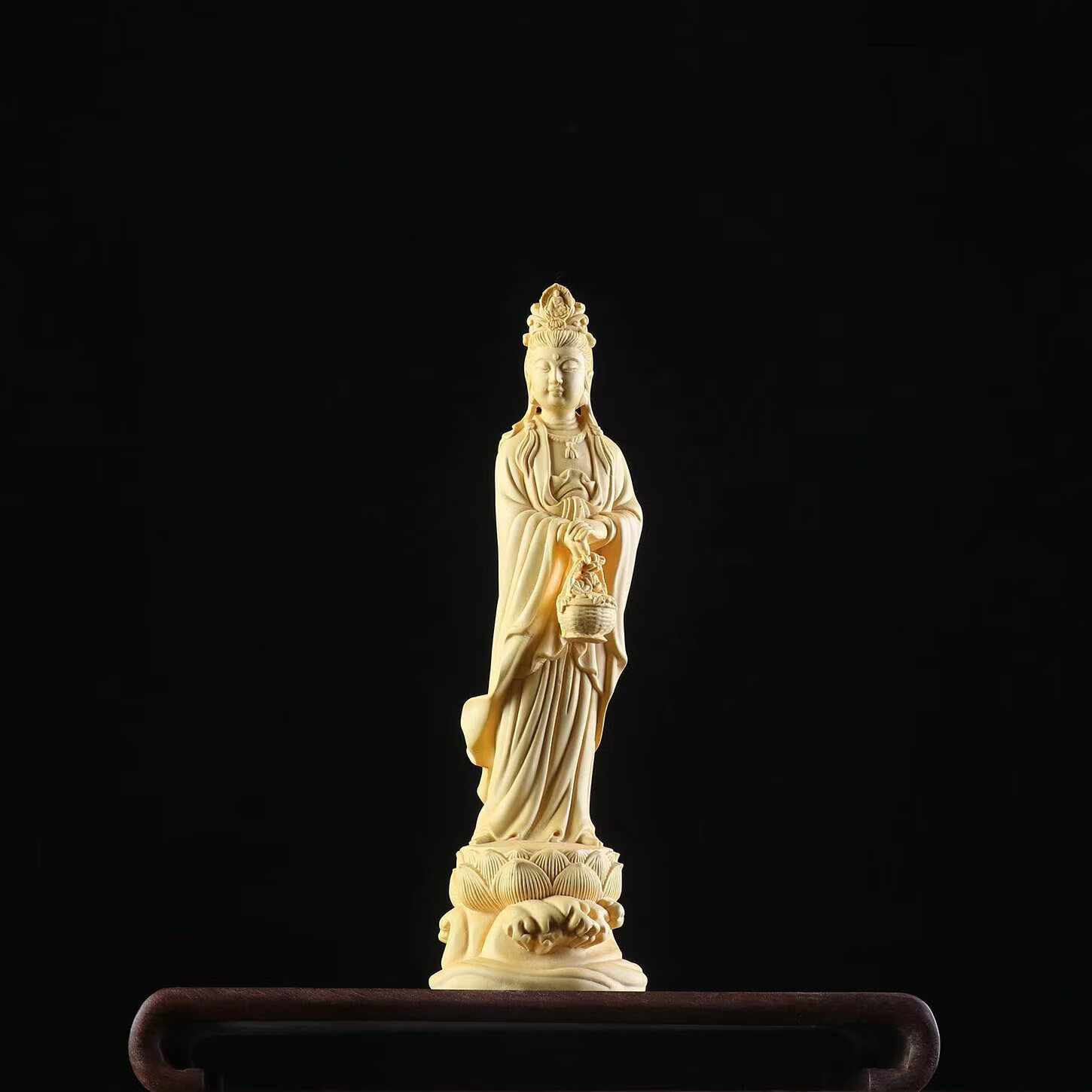 佛像供奉家用办公室装饰品鱼篮观音摆件工艺品 黄杨提篮观音约20cm