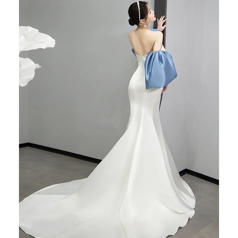 新娘轻婚纱缎面晚礼服裙白色抹胸简约新娘拖尾出门纱气质显瘦鱼尾轻