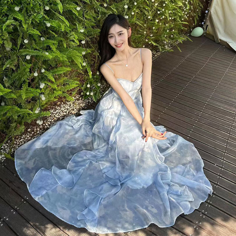 上档次 减龄夏季气质优美海边度吊带连衣裙海 蓝色 秒发 s 品质好货