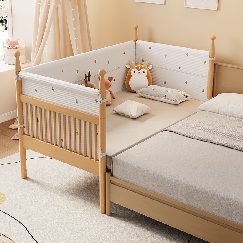 枫眠 儿童床拼接床婴儿床带护栏边床婴幼儿床男女孩床 进口榉木 床+灰白床围+7cm空气纤维床垫 200cm*60cm（外径）