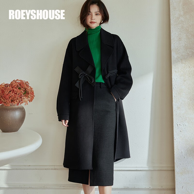 ROEYSHOUSE罗衣100%澳洲进口高支羊毛双面呢大衣女冬新款保暖外套06958 黑色 L/XL