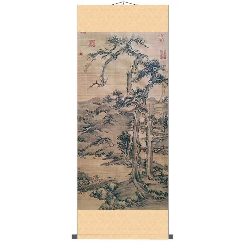 霜魄猫和老鼠山水画汤姆劈树图仿古卷轴画汤姆清梦图创意礼物装饰挂画