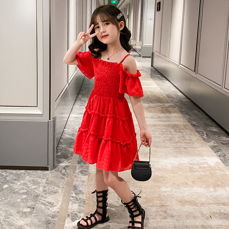 夏儿童公主吊带裙露肩长裙夏装新款小学生雪纺裙子 纯色吊带雪纺裙