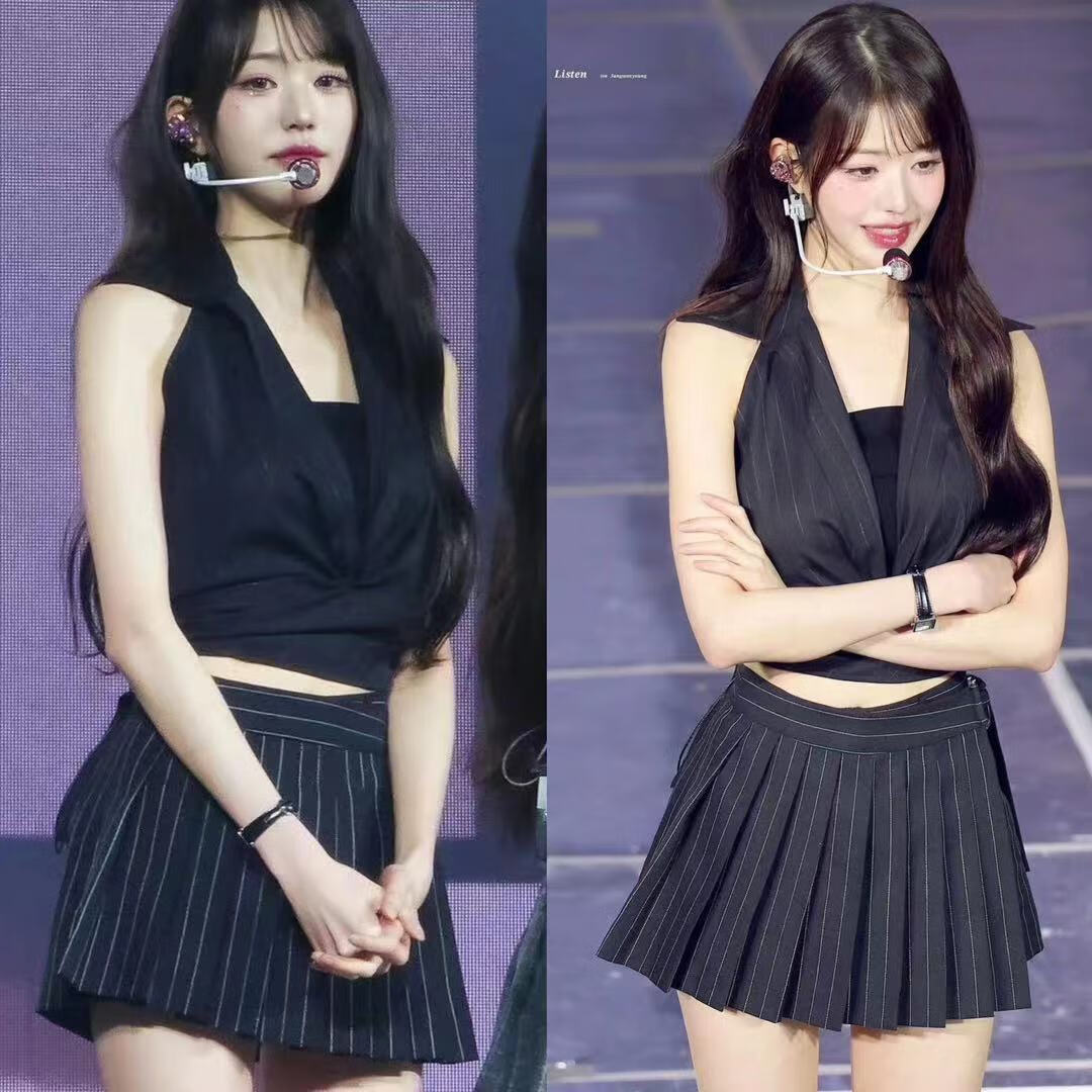 山头林村张元英同款百褶裙明星细条纹挂脖上衣 条纹百褶裤裙套装女