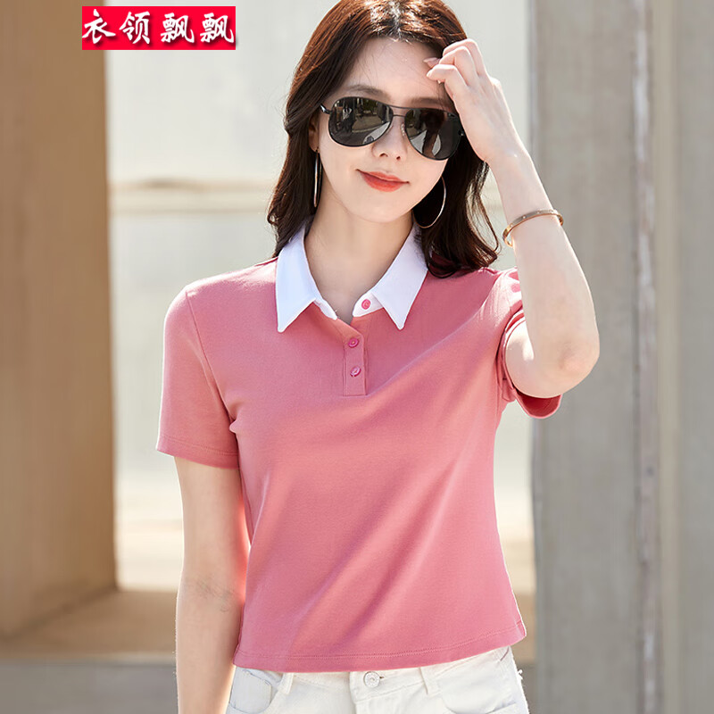 衣领飘飘时尚短袖女t恤女装夏装新学院甜美上衣翻领polo衫修身棉体恤衣服 西瓜红 S(80-95斤)