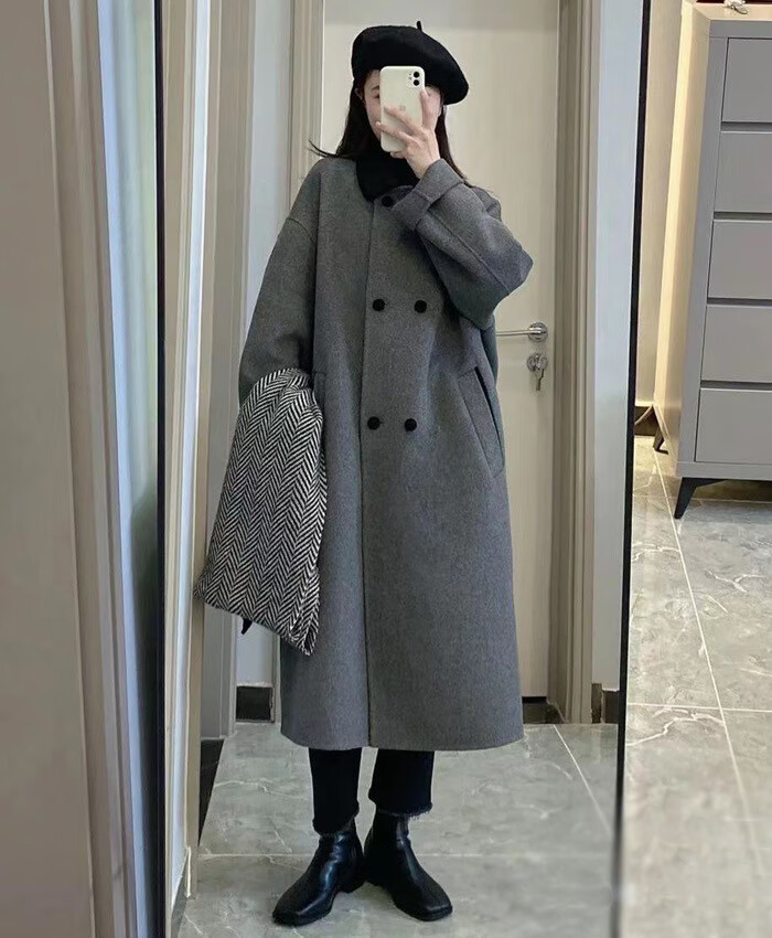 森卡西品牌韩国2024春秋新款双面羊毛大衣女中长款气质灰色过膝羊毛呢