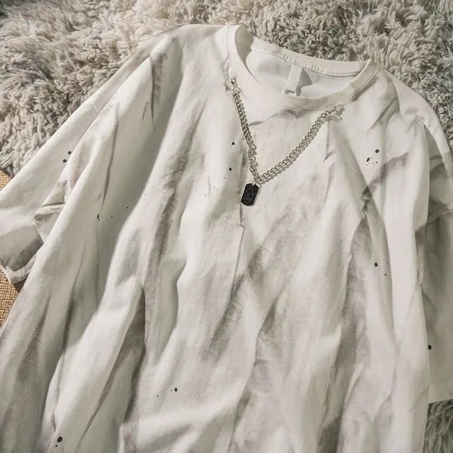 雀悠 水洗做旧复古t恤短袖男夏季2022夏潮男ins暗黑系扎染项链短袖t恤