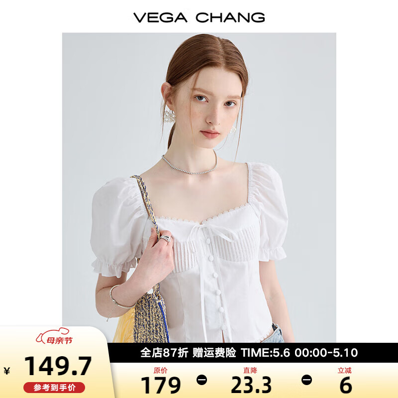 VEGA CHANG白色短袖衬衫女2024夏季新款设计感小众显瘦泡泡袖上衣 蕾丝白 M