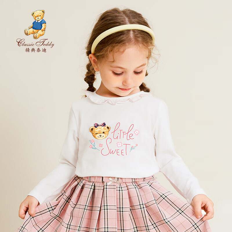 Classic Teddy女童T恤童装儿童长袖上衣中小童花边领打底衫宝宝外出服 甜心熊A白色 130 京东折扣/优惠券