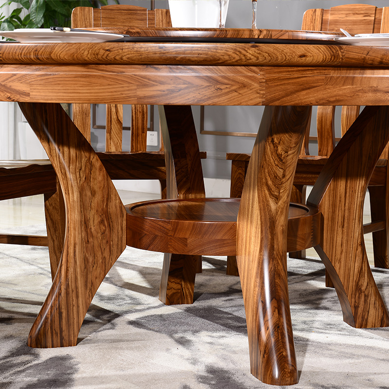 实木餐桌纯乌金木一桌六椅圆带转盘现代中式家用全椅组合 乌金木圆桌1.4米