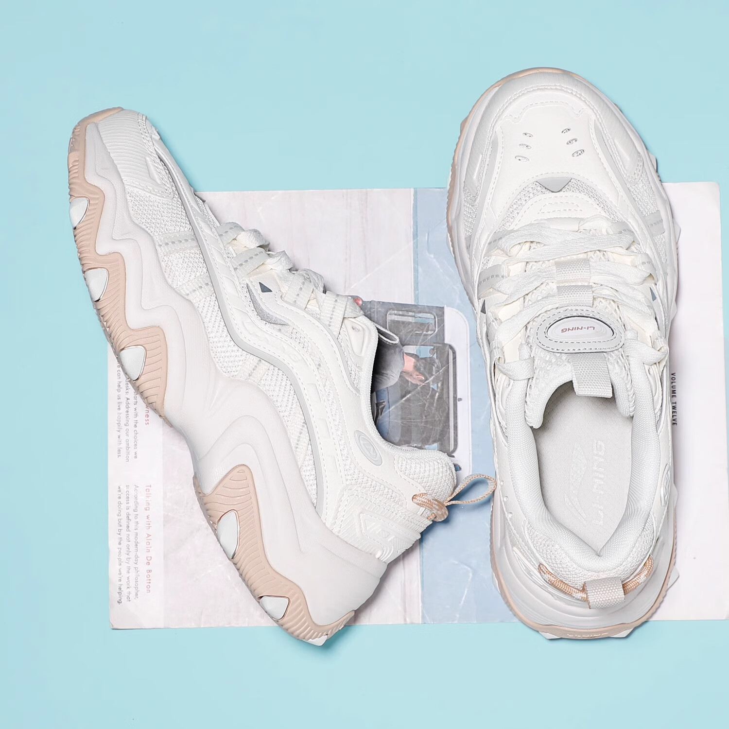 李宁猫爪lite2休闲鞋女款春秋款2024新款女鞋复古老爹鞋运动鞋子 乳