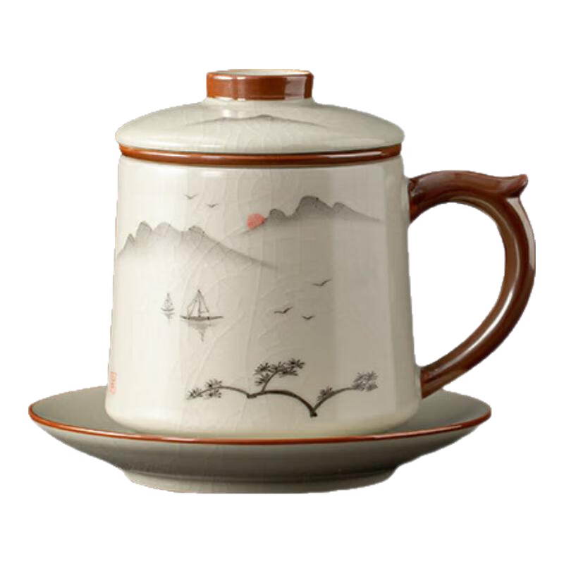 金鑲玉呂承明老師手繪 仿宋汝窯茶杯 陶瓷帶過(guò)濾茶水杯辦公家用泡茶杯 米黃汝窯一帆風(fēng)順手繪辦公杯