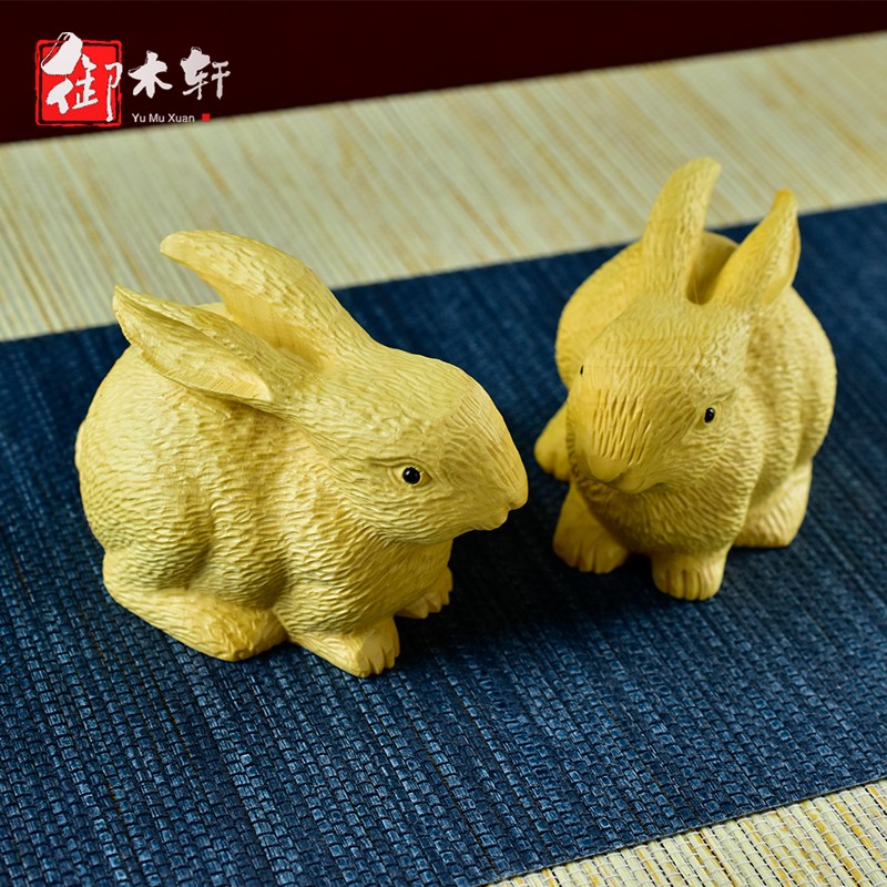 御木轩黄杨木雕兔子一对实木雕刻大耳朵兔子手把件工艺礼品家居装饰送