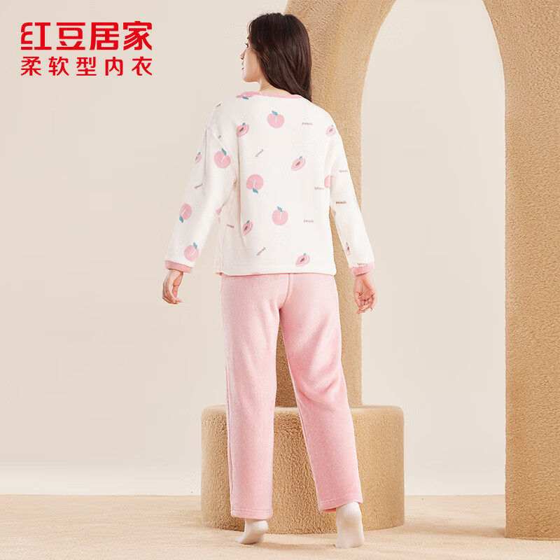 红豆居家睡衣女士法兰绒甜美套头睡衣女款柔软保暖圆领家居服24年冬季新品 蜜桃粉730 L 170/92A