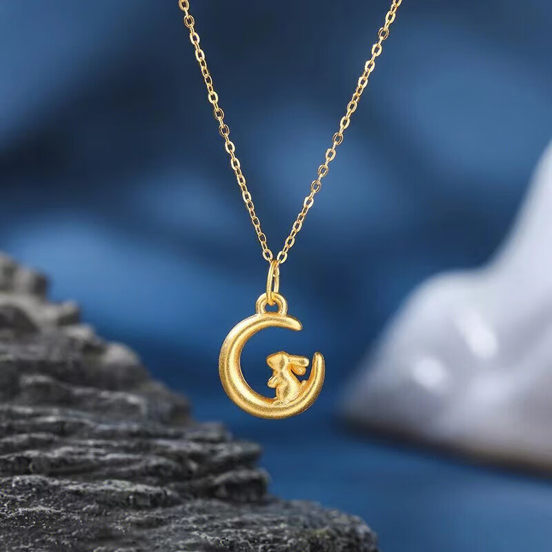 yinxiangrong老凤凰黄金吊坠金兔子金兔足金项链望月兔月亮兔小兔子金