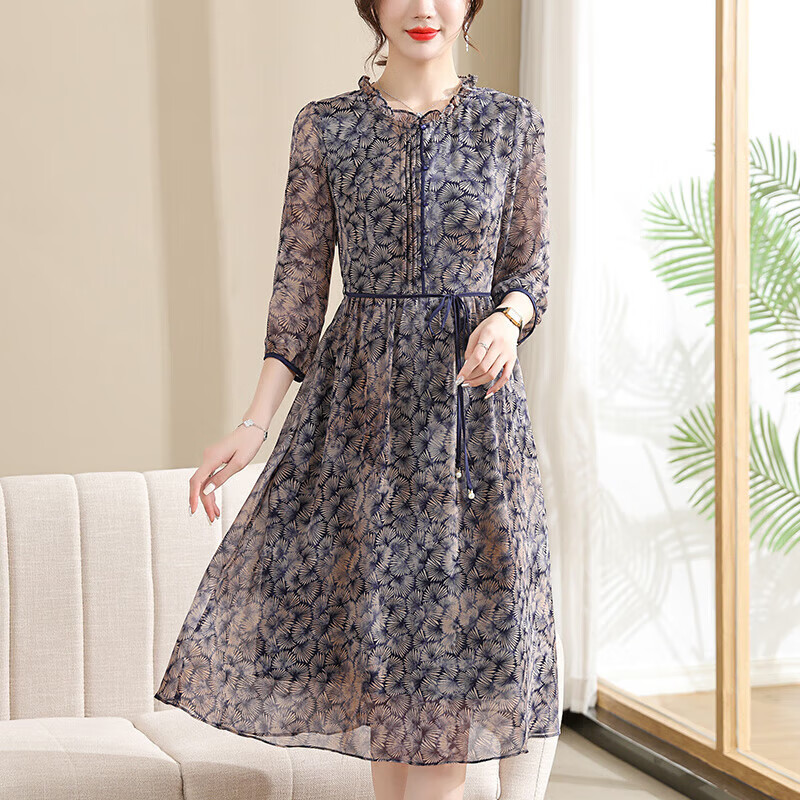 浪蔷中年妇女夏季连衣裙妈妈春装洋气花色雪纺裙子中老年人夏天穿的女