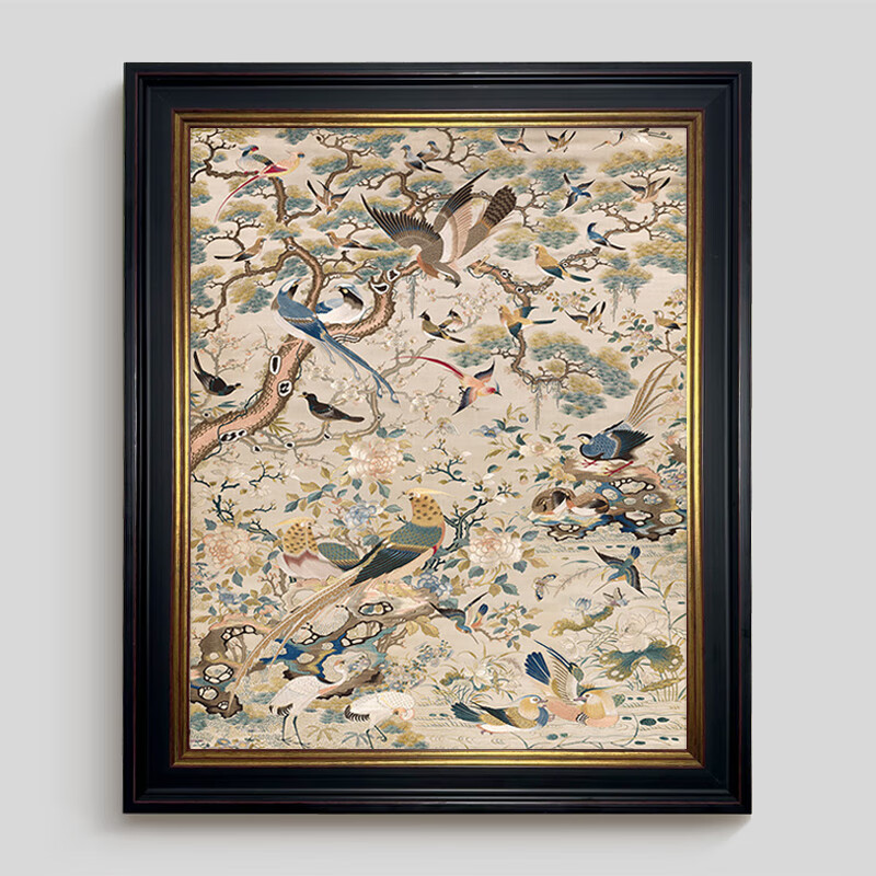 装饰画新中式客厅电源盒挂画竖版配电箱复古壁画 花鸟祥和图古铜黑框