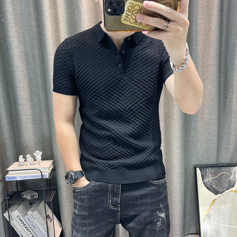 LUO ELEMENT翻领针织衫男春夏百搭男士polo领短袖毛衣弹力紧身青年毛线衣长衣 黑色 XL
