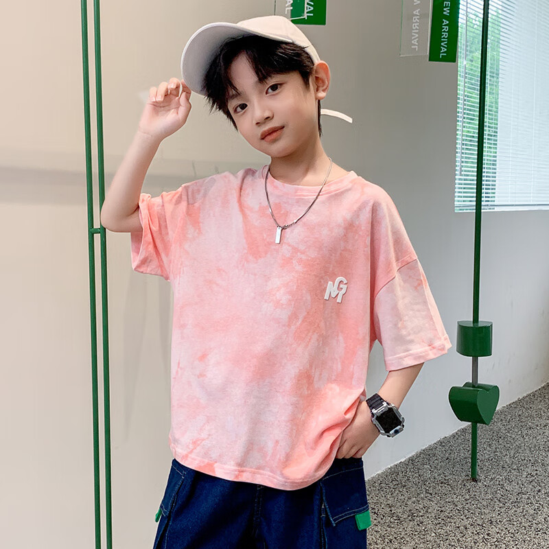 妙款男童夏季短袖t恤2024新款大童棉质儿童体半袖夏男孩夏装粉色 粉色